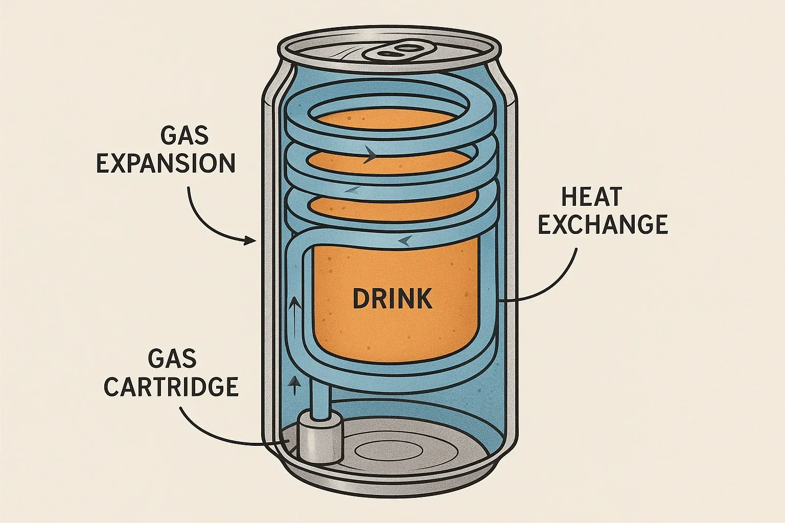 Cross-section diagram of a beverage can with a spiral-shaped cooling channel around the drink, fed by a gas cartridge in the base. Labels showing gas expansion and heat exchange.