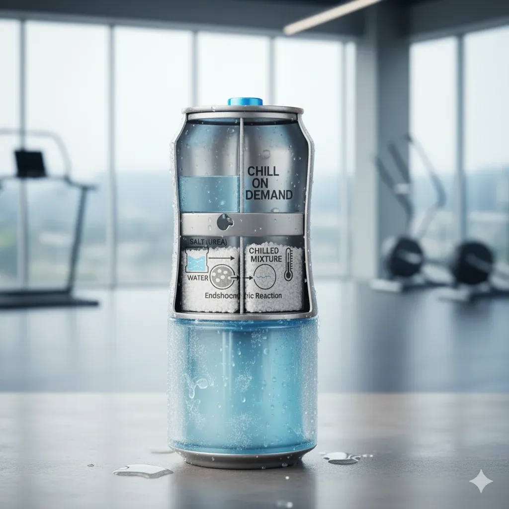 Image Prompt: Exploded view of a can with a water pouch, dry salt chamber, and a circulation channel around the beverage. Arrows show water mixing, temperature drop, and brine flow.