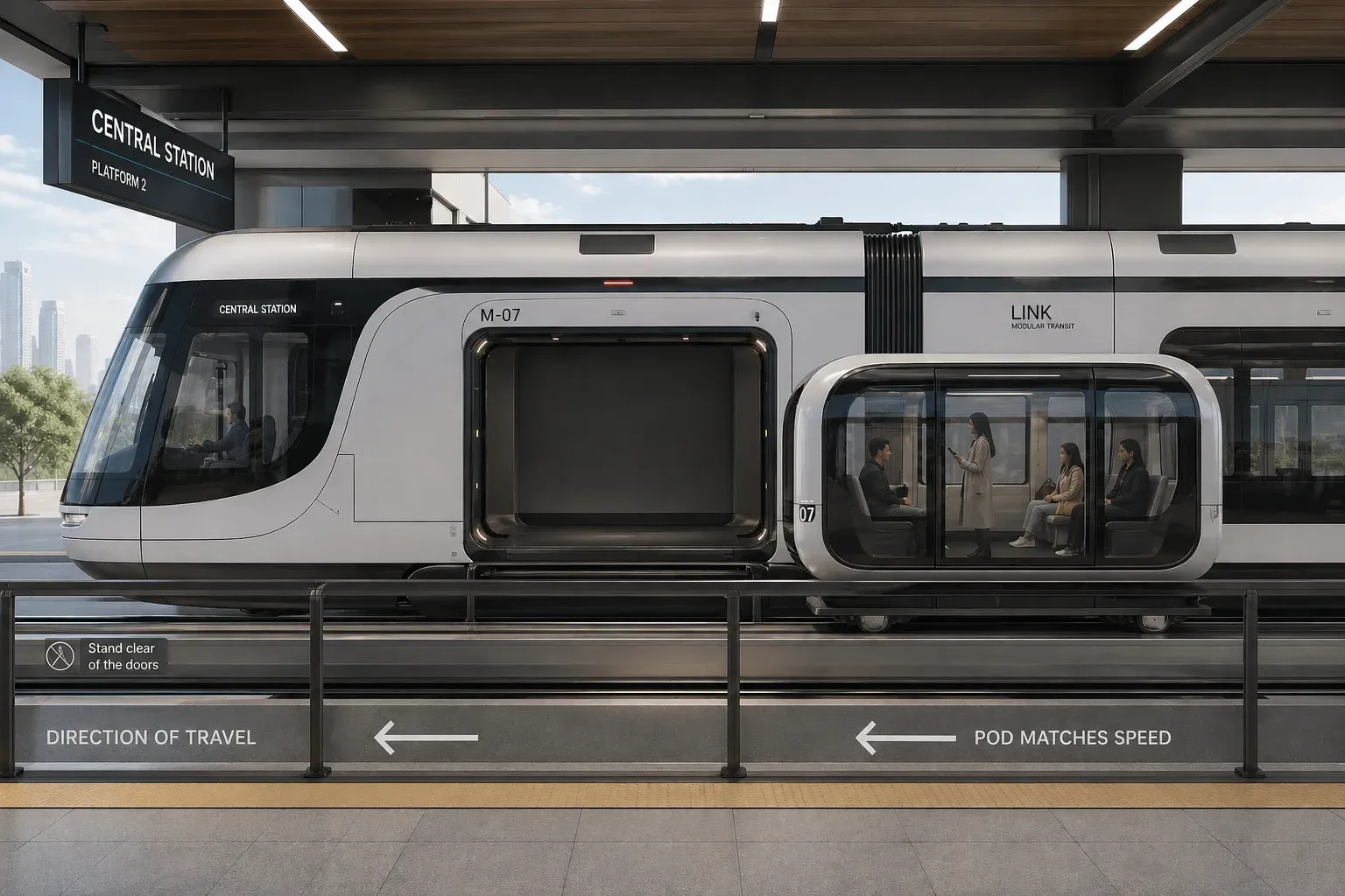 Image prompt: A cinematic near-future city tram gliding through a glass-covered station at dusk, while small illuminated passenger pods accelerate on parallel rails and slide into side slots. Style: sleek optimistic sci-fi, realistic industrial design, soft motion blur.