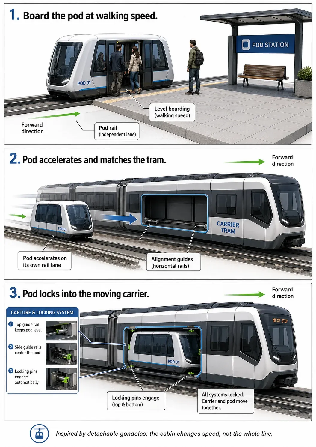Image prompt:A passenger pod sliding into a moving tram slot on the right. Style: clean educational infographic, arrows, labeled components, bright colors.