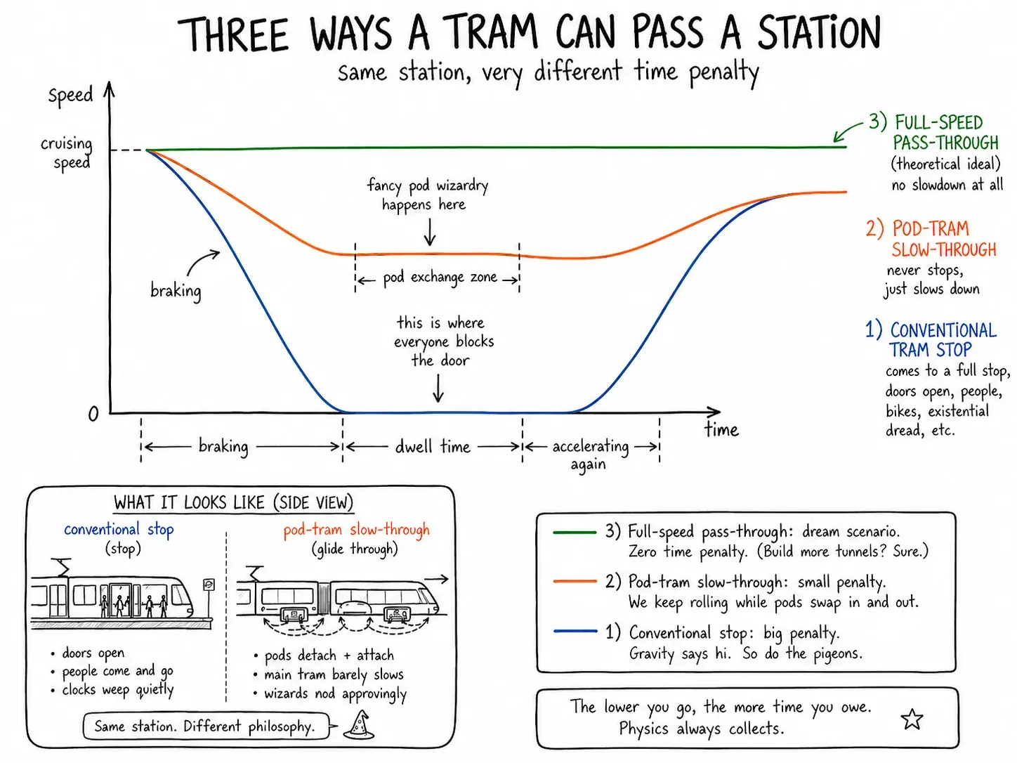 Image prompt: A simple graph showing three station approaches: conventional tram braking to zero, pod-tram slowing slightly, and theoretical full-speed pass-through. Show time lost as shaded areas.