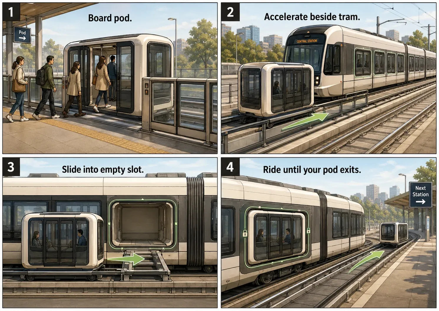 Image prompt: A large cutaway illustration titled “The Rolling Station.” Show four phases from left to right: boarding pod at station, pod accelerating beside tram, pod sliding into tram slot, outgoing pod braking into arrival bay. Style: detailed popular-science magazine cutaway, colorful labels, slightly humorous tiny human details.