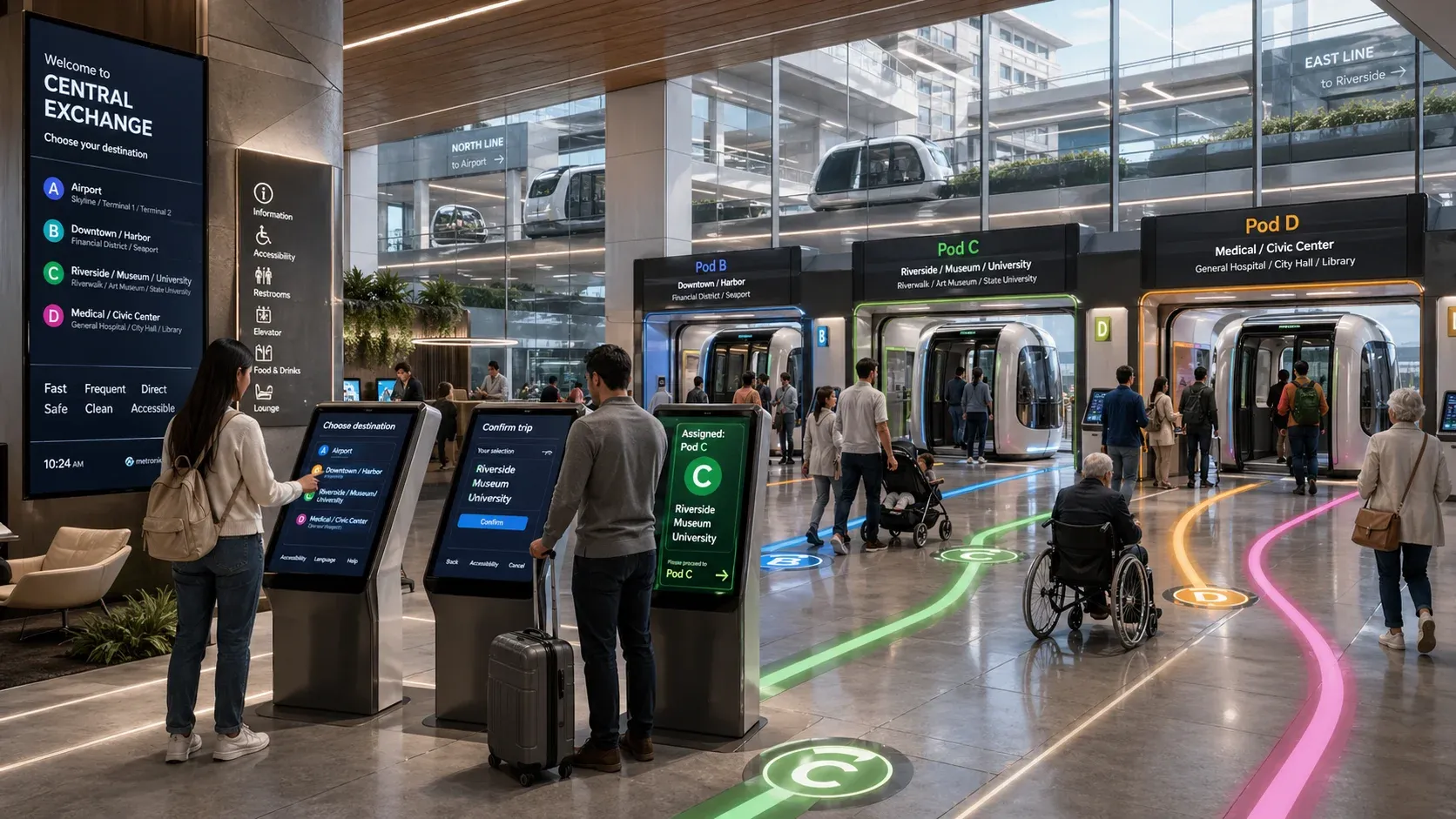 Image prompt: A futuristic tram station as an elevator-style dispatch hall. Passengers select destinations on glowing wall panels and are guided by colored floor lights toward pods labeled “Central,” “Harbor,” “Zone C,” and “Airport.” Style: bright optimistic urban sci-fi, clean signage, slightly playful details.