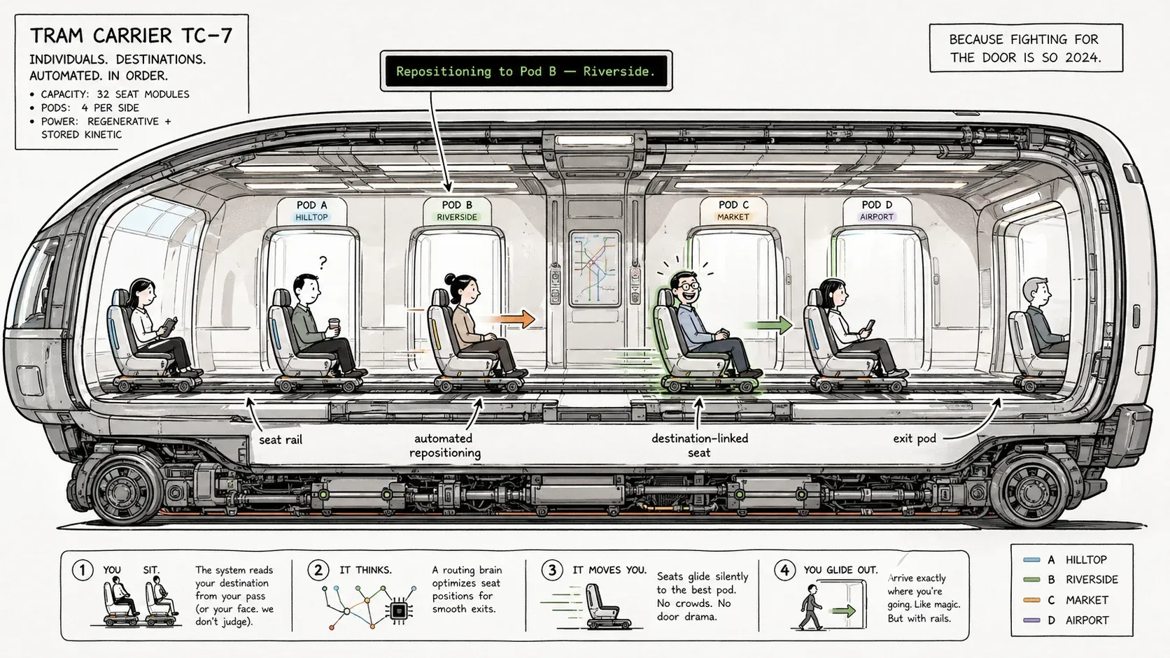 Image prompt: Humorous cutaway of a futuristic tram interior where individual seat pods glide slowly along internal rails toward exit pods, while passengers look calm and one confused commuter clutches coffee. Style: playful labels, technical but funny.