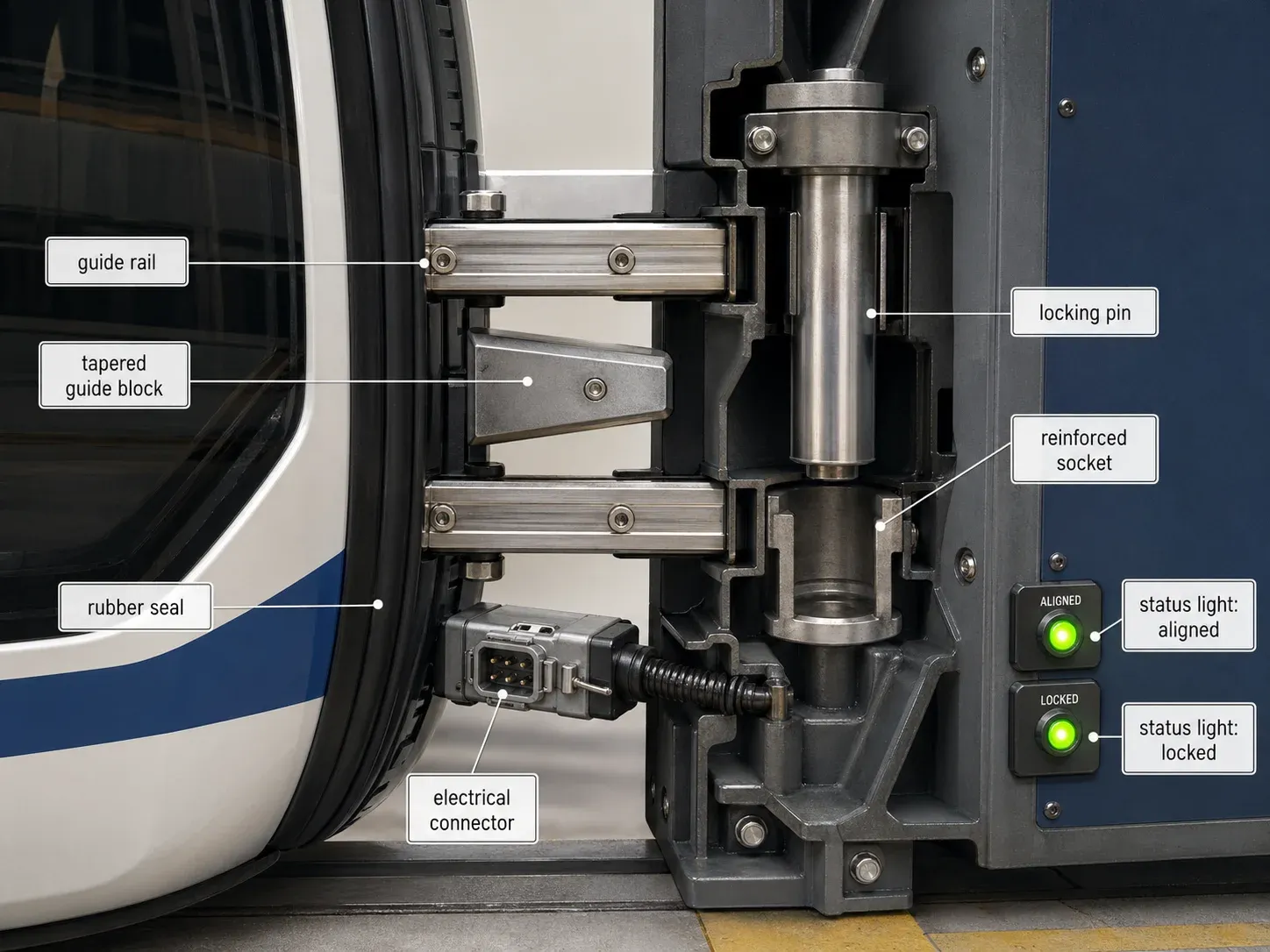 Image prompt: Extreme close-up technical illustration of a pod locking into a tram slot: guide rails, tapered alignment cones, locking pins, electrical connectors, redundant sensors, green “locked” indicators. Style: high-detail engineering magazine rendering.