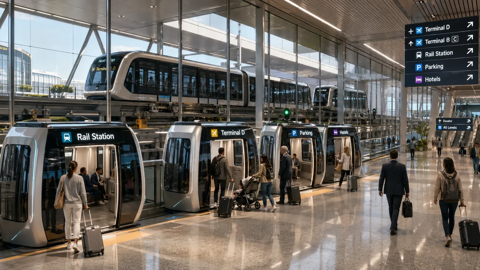 Image prompt: Airport pod-tram station with passengers and luggage entering destination-assigned pods. In the background, a moving carrier glides through an enclosed guideway between terminals. Style: polished architectural visualization, warm lighting, realistic people.