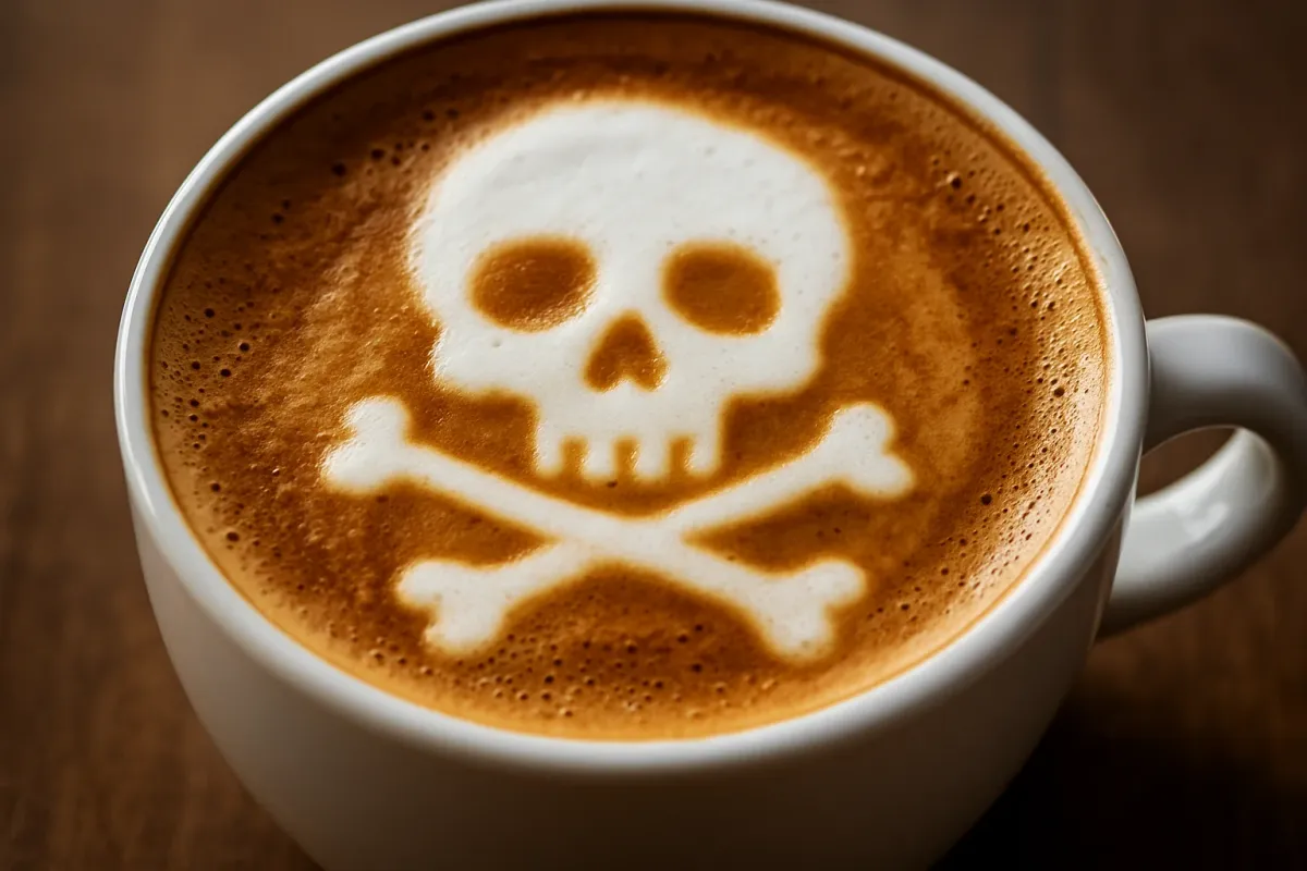 A close up photo of a cappuccino. The milk foam is formed to skull and crossbones.