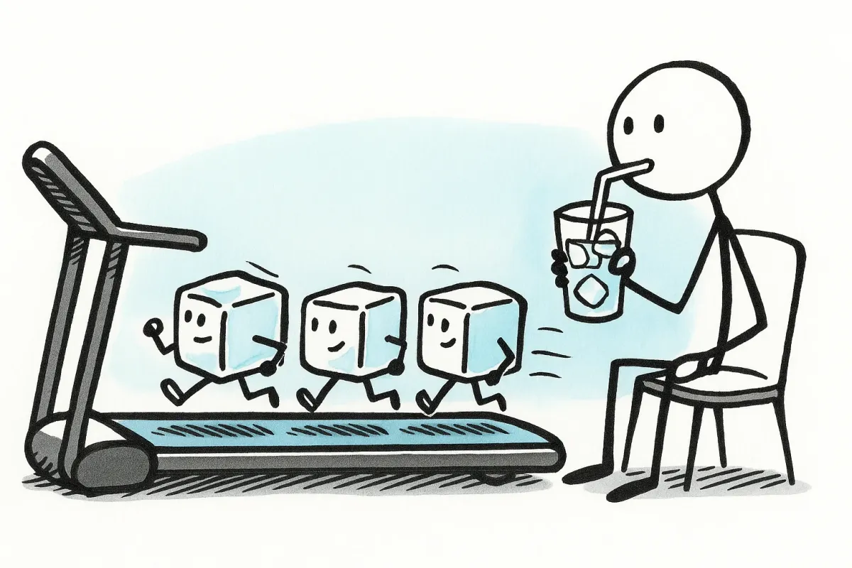 Three ice cubes jogging behind each other on a treadmill while a stick figure sips on his cold water