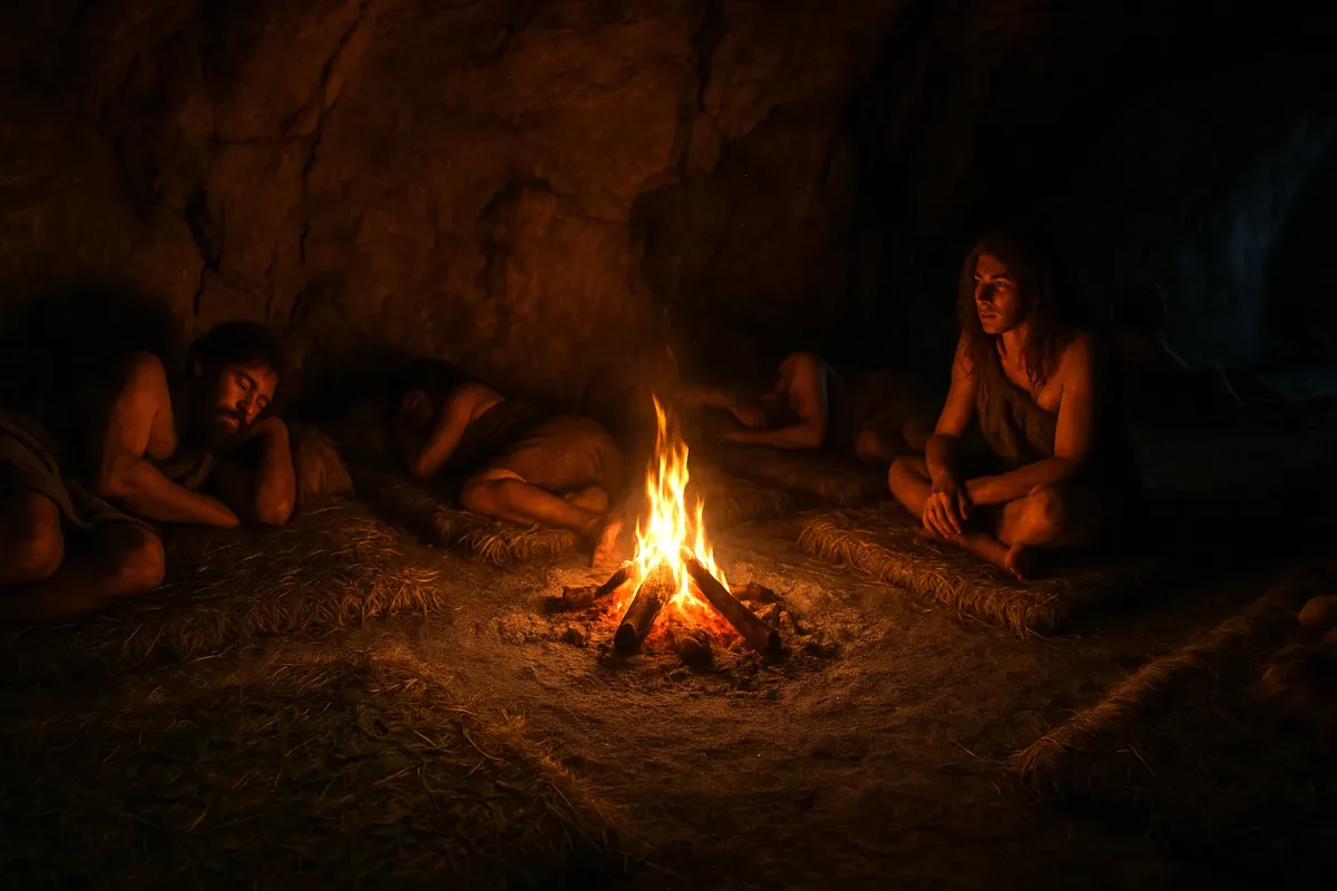 A Stone Age cave interior at night, lit softly by a small fire. Several early humans rest on thick mats woven from sweet grasses.
