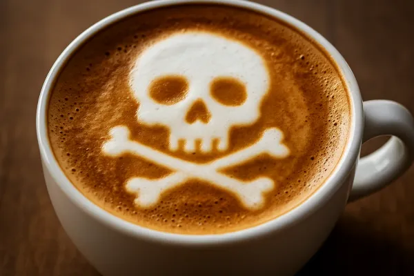 A close up photo of a cappuccino. The milk foam is formed to skull and crossbones.