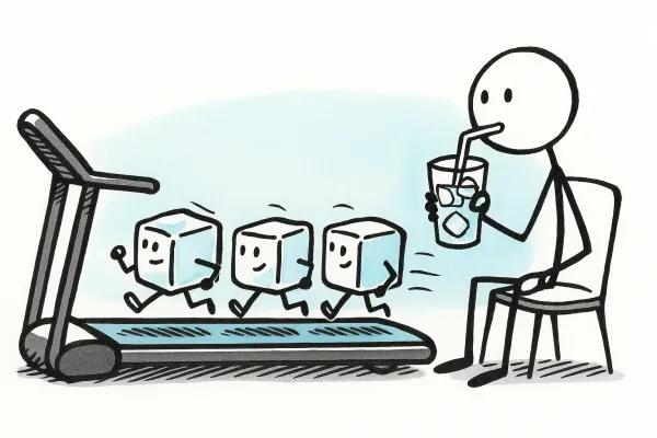 Three ice cubes jogging behind each other on a treadmill while a stick figure sips on his cold water