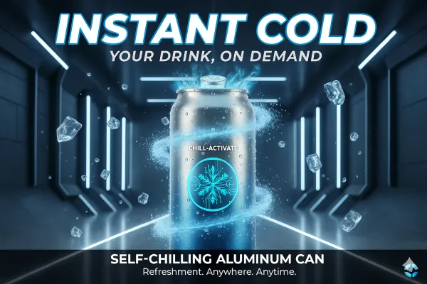 Futuristic ad of a frosty aluminum can with a “Chill-Activate” snowflake icon, ice swirling around it, and the headline “Instant Cold—Self-Chilling Can.”